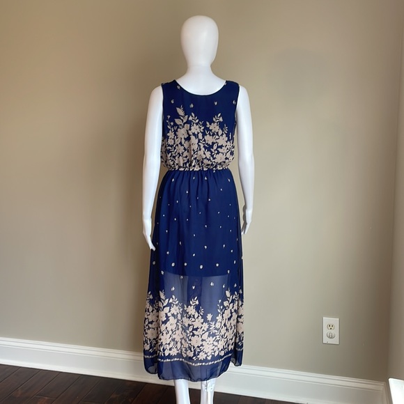 Navy Blue Shoulder-less Lightweight Floral Maxi Dress - Picture 4 of 7
